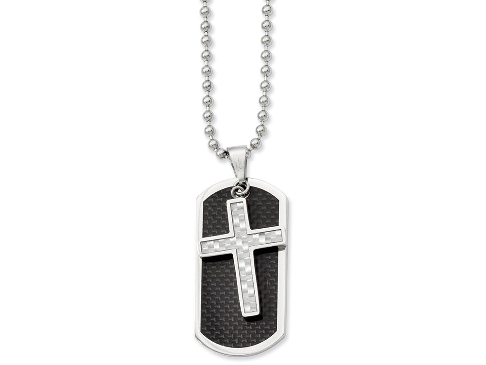 Chisel Stainless Steel Carbon Fiber Cross and  Dog Tag Necklace