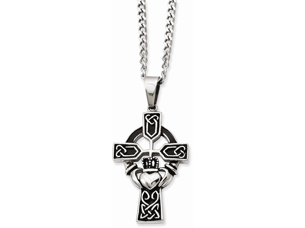 Chisel Stainless Steel Antiqued Claddagh Pendant Necklace