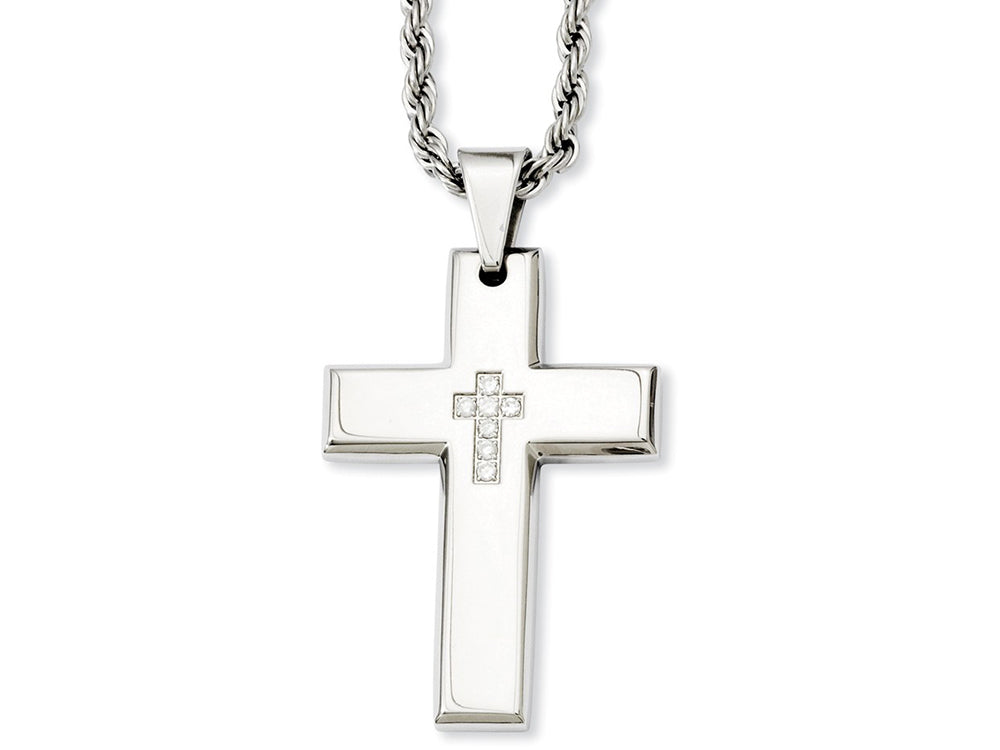 Chisel Stainless Steel Cross With CZs Pendant Necklace