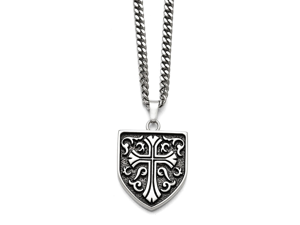 Chisel Stainless Steel Antiqued Cross Shield Pendant Necklace