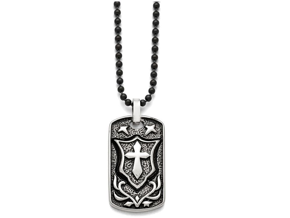 Chisel Stainless Steel Antiqued Cross Dog Tag Pendant Necklace