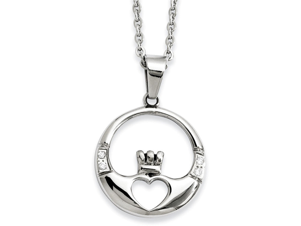 Chisel Stainless Steel Claddagh With CZs Pendant Necklace