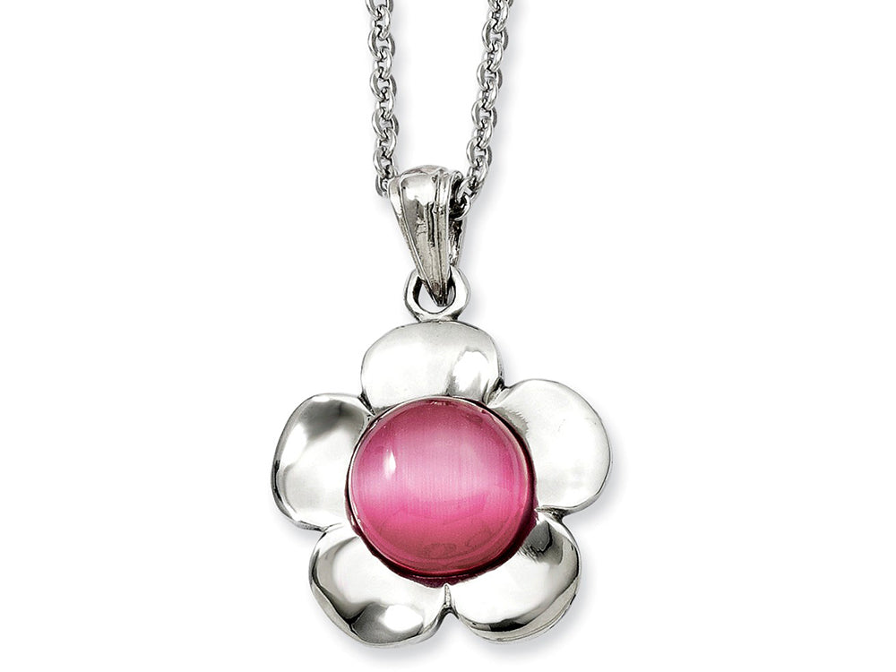 Chisel Stainless Steel Flower With Pink Cat's Eye Pendant Necklace
