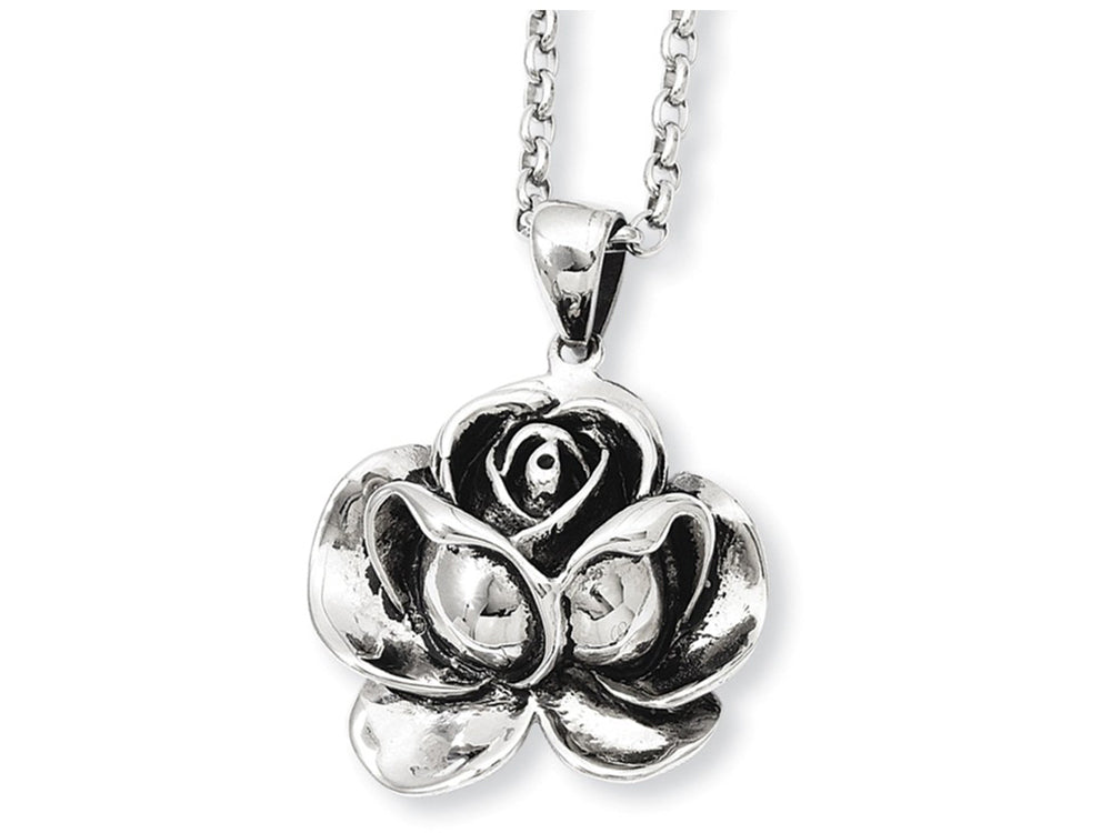 Chisel Stainless Steel Antiqued Flower Pendant Necklace