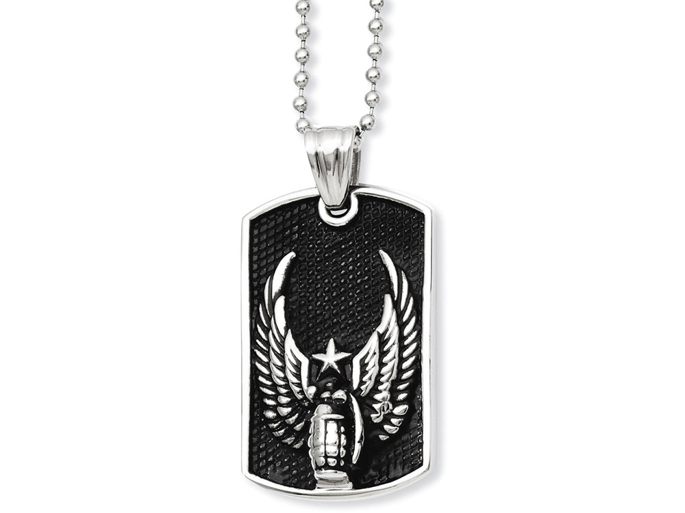 Chisel Stainless Steel Antiqued Wings Dog Tag Pendant Necklace
