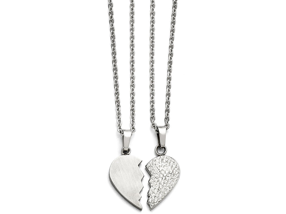 Chisel Stainless Steel 1/2  Heart Brushed and 1/2 Heart Crystal Necklace Set