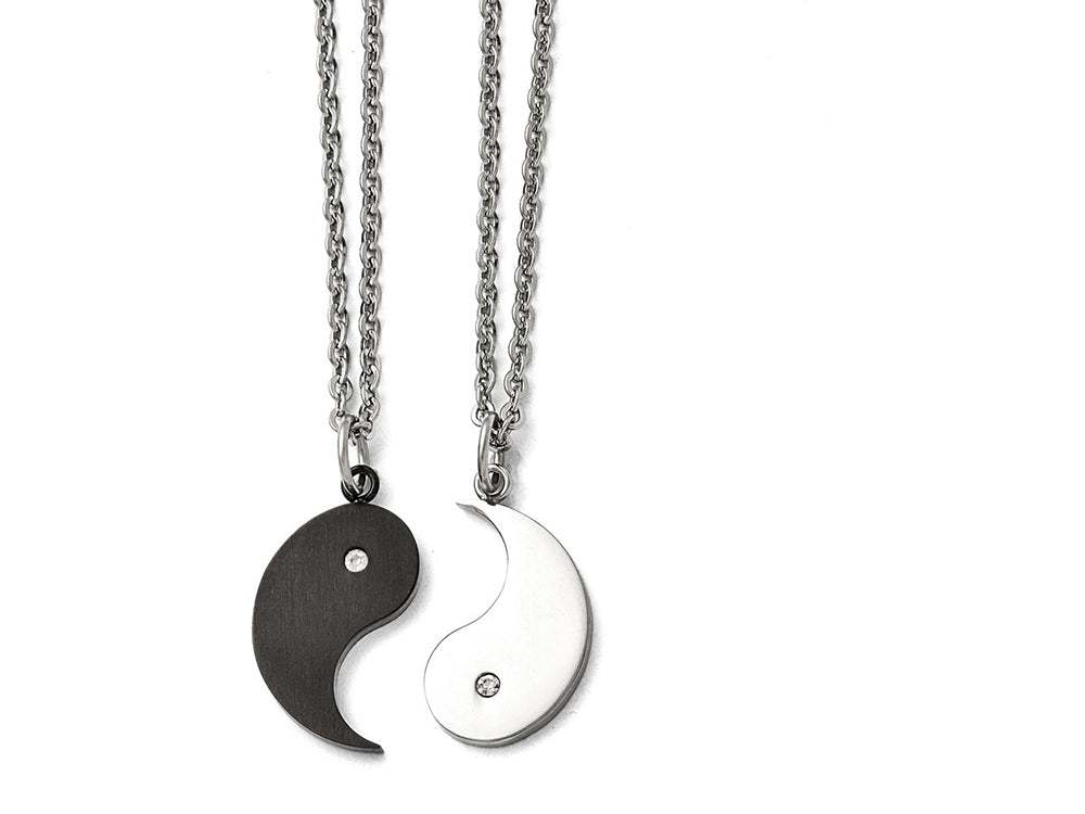 Chisel Stainless Steel 1/2 Black Ip-plated Yin W/cz and 1/2 Yang Necklace Set