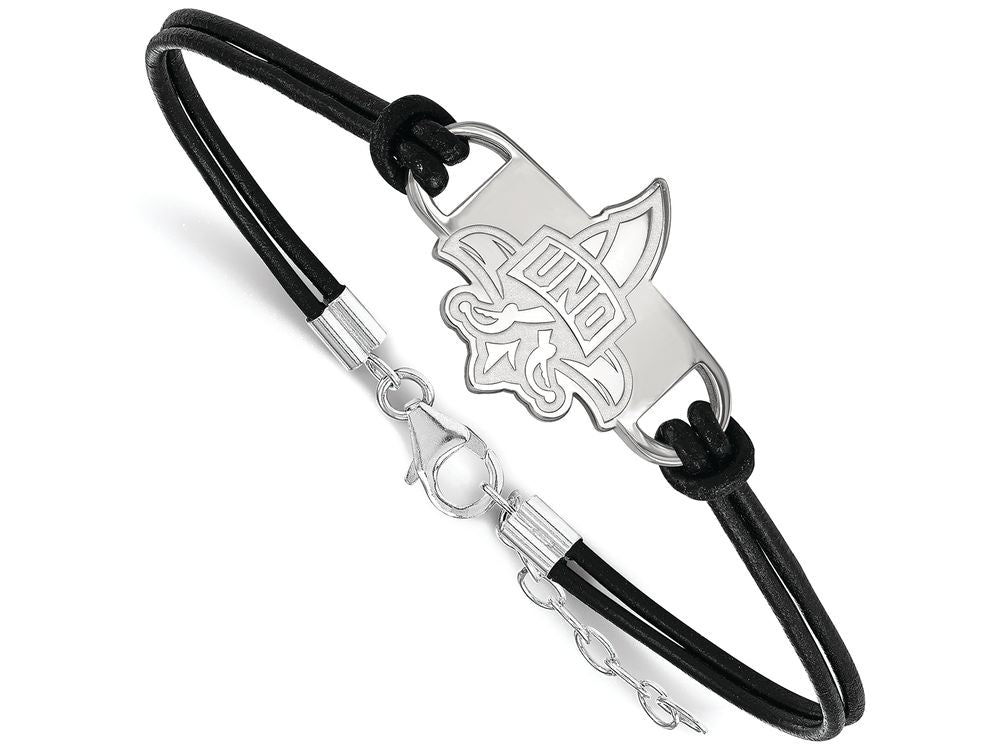 LogoArt Sterling Silver University Of New Orleans Leather Bracelet Small Center