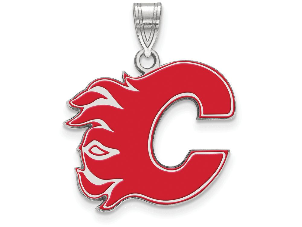 LogoArt Sterling Silver Calgary Flames Large Enamel Pendant Necklace