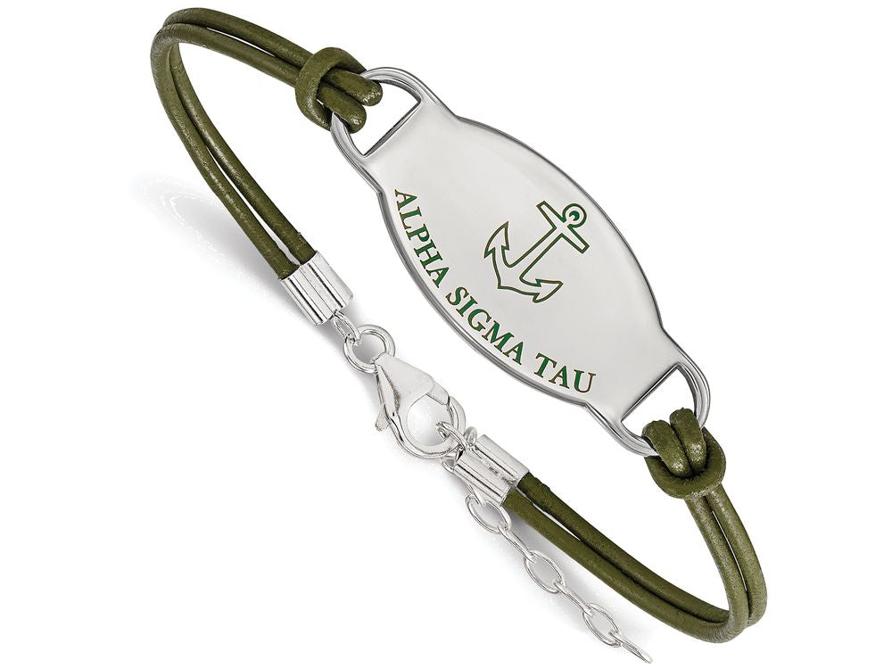 LogoArt Sterling Silver Alpha Sigma Tau Enameled Oval Leather Bracelet