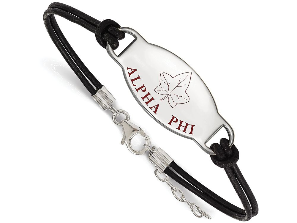 Logoart 925 Sterling Silver Alpha Phi Enameled Black Leather Bracelet