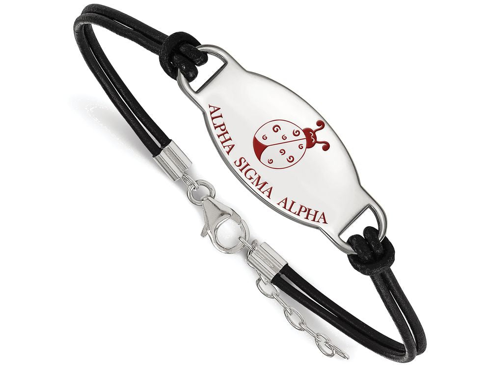 Logoart 925 Sterling Silver Alpha Sigma Alpha Enameled Oval Black Leather Bracelet