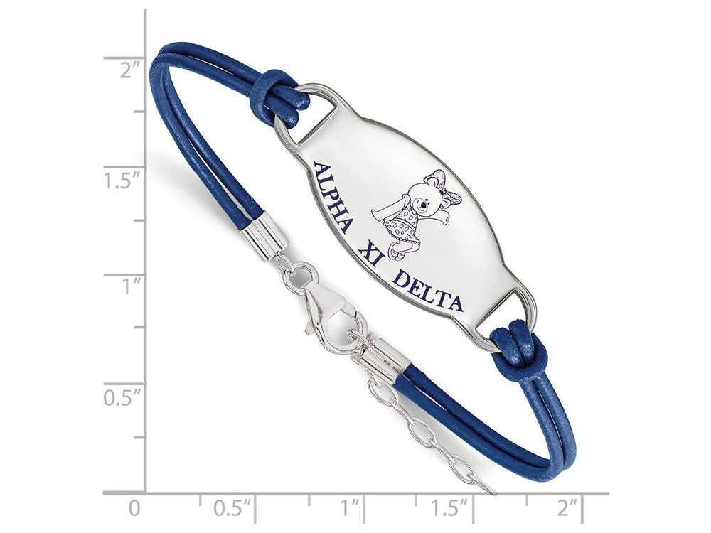 LogoArt Sterling Silver Alpha Xi Delta Enameled Leather Bracelet