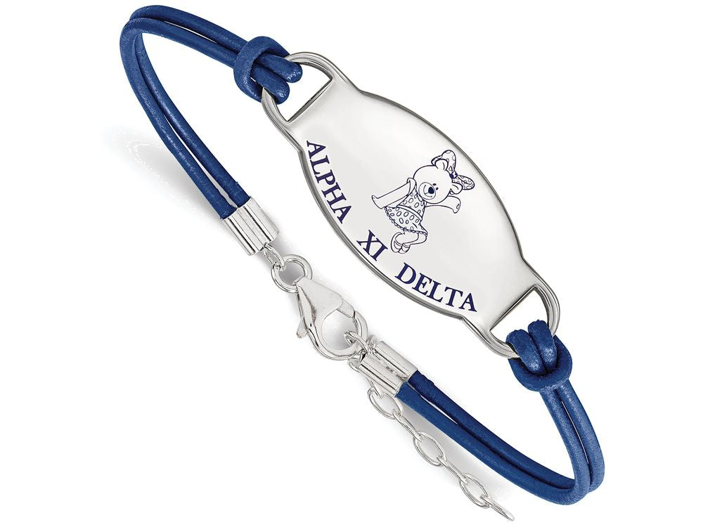 LogoArt Sterling Silver Alpha Xi Delta Enameled Leather Bracelet