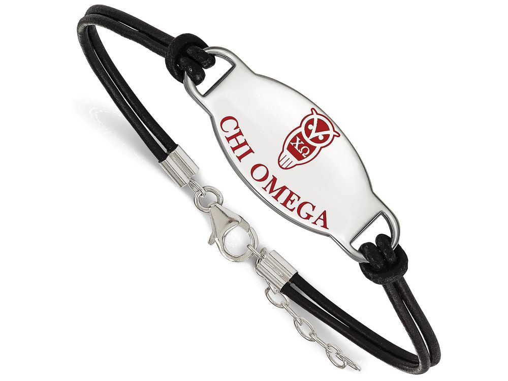 Logoart 925 Sterling Silver Chi Omega Enameled Oval Black Leather Bracelet