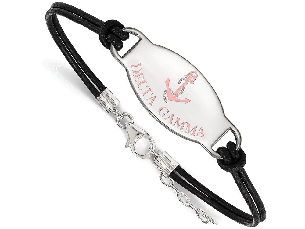Logoart 925 Sterling Silver Delta Gamma Enameled Oval Black Leather Bracelet