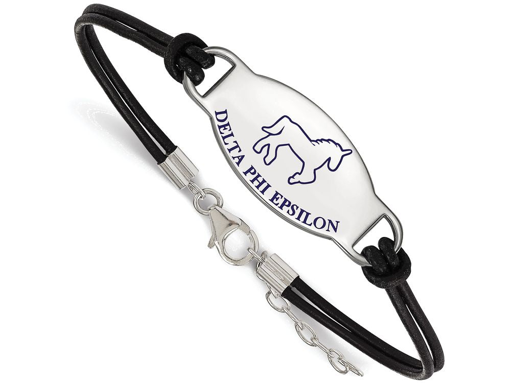 Logoart 925 Sterling Silver Delta Phi Epsilon Enameled Oval Black Leather Bracelet