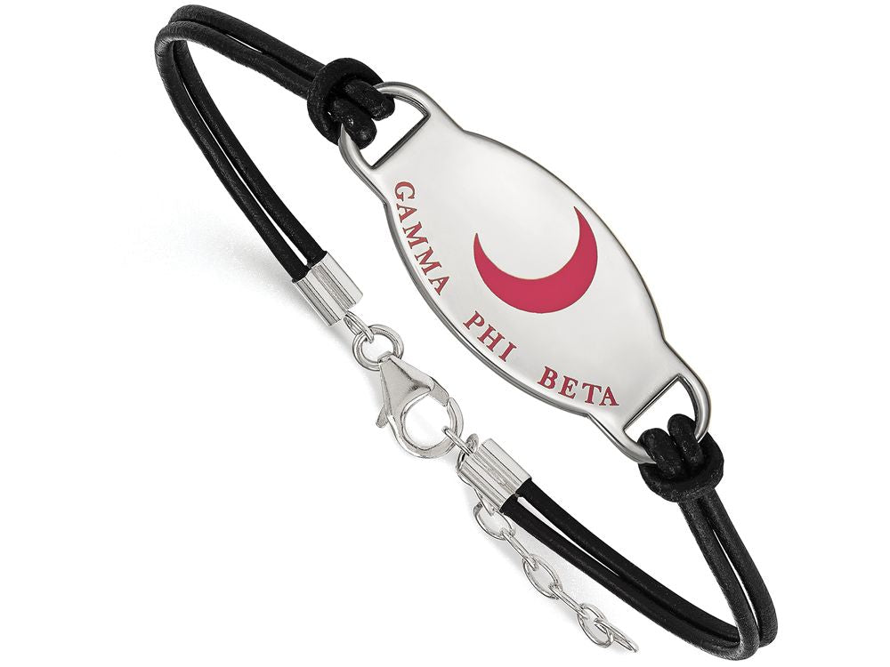 Logoart 925 Sterling Silver Gamma Phi Beta Enameled Oval Black Leather Bracelet