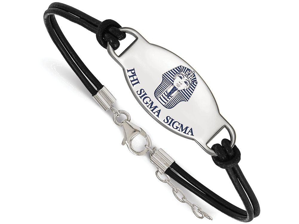 Logoart 925 Sterling Silver Phi Sigma Sigma Enameled Oval Black Leather Bracelet