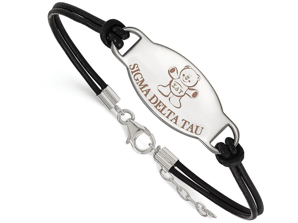 Logoart 925 Sterling Silver Sigma Delta Tau Enameled Oval Black Leather Bracelet