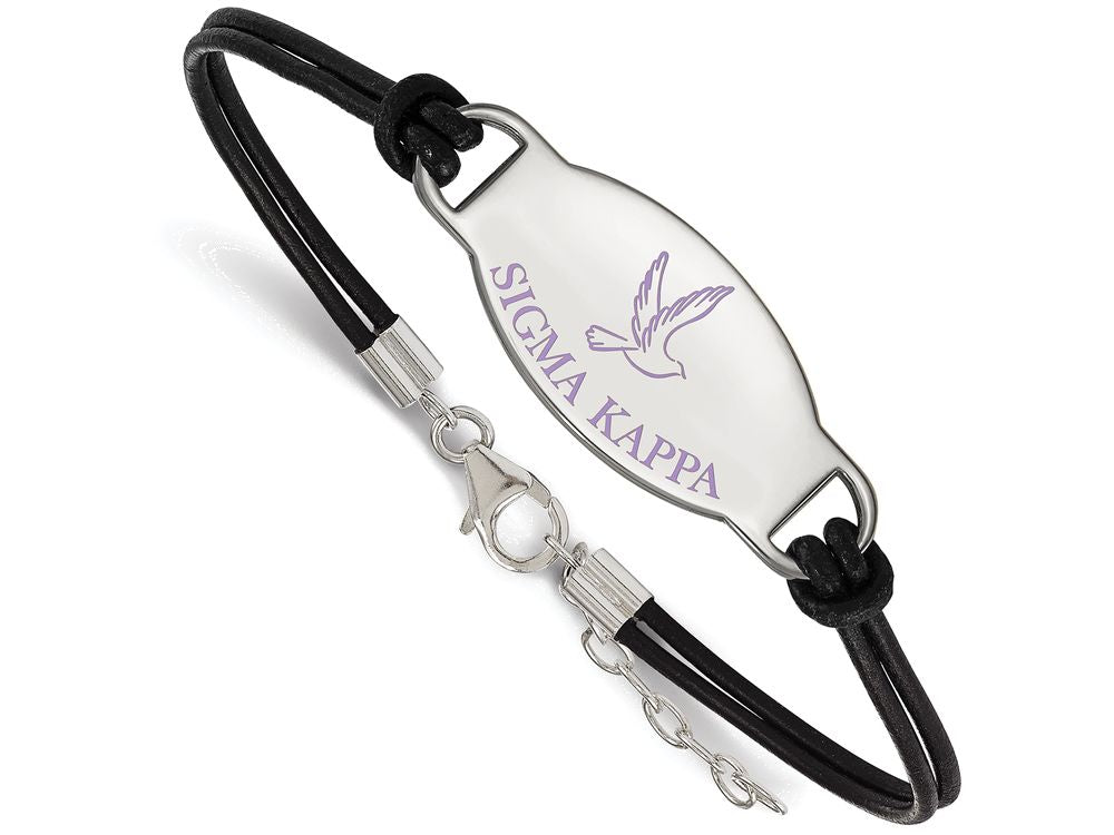 Logoart 925 Sterling Silver Sigma Kappa Enameled Oval Black Leather Bracelet
