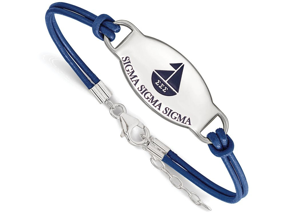 LogoArt Sterling Silver Sigma Sigma Sigma Enameled Oval Leather Bracelet