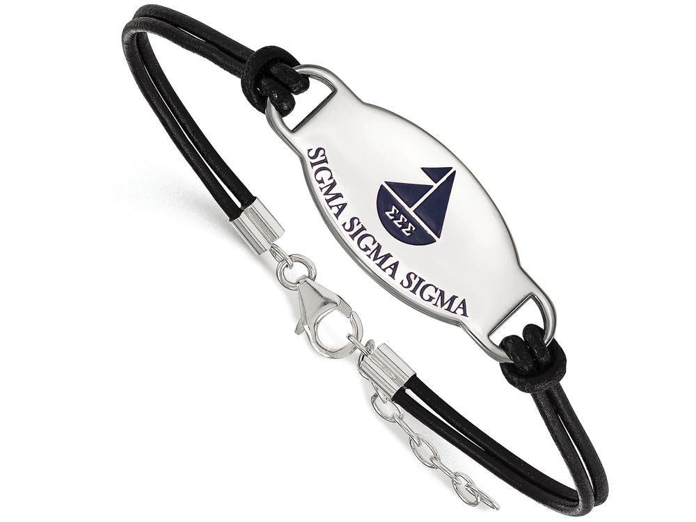 Logoart 925 Sterling Silver Sigma Sigma Sigma Enamel Oval Black Leather Bracelet