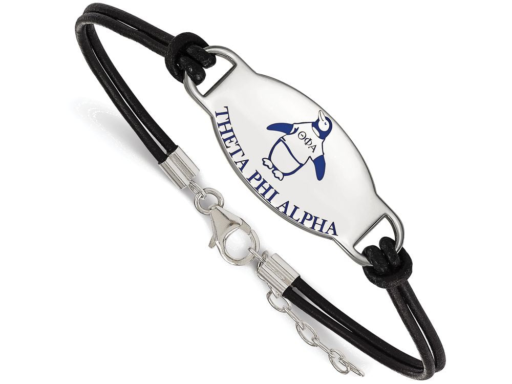 Logoart 925 Sterling Silver Theta Phi Alpha Enameled Black Leather Bracelet