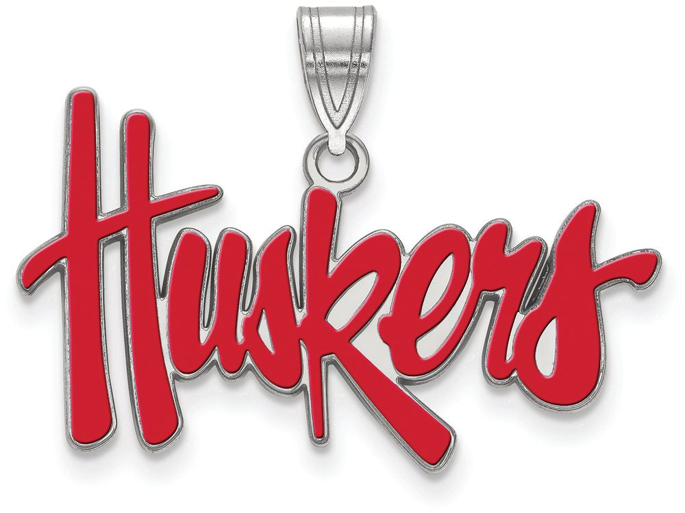 LogoArt Sterling Silver University Of Nebraska Large Enamel Pendant Necklace