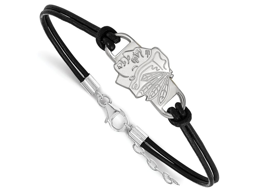 LogoArt Sterling Silver Chicago Blackhawks Leather Bracelet Small Center