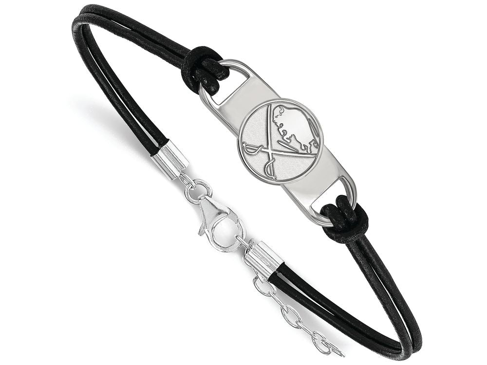 Logoart 925 Sterling Silver Buffalo Sabres Small Center Leather Bracelet