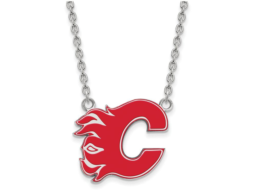 LogoArt Sterling Silver Calgary Flames Large Enamel Pendant Necklace