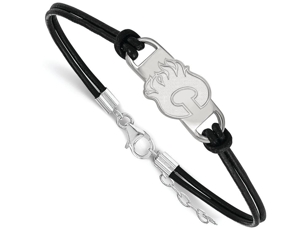 Logoart 925 Sterling Silver Calgary Flames Small Center Leather Bracelet