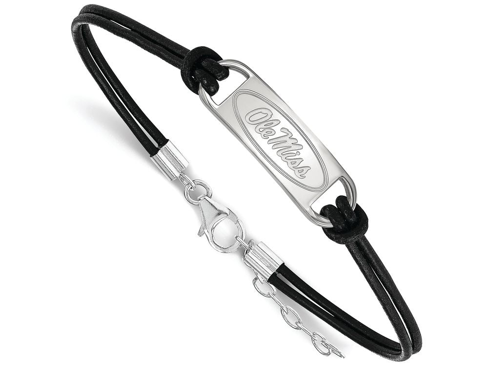 LogoArt Sterling Silver University Of Mississippi Leather Bracelet Small Center