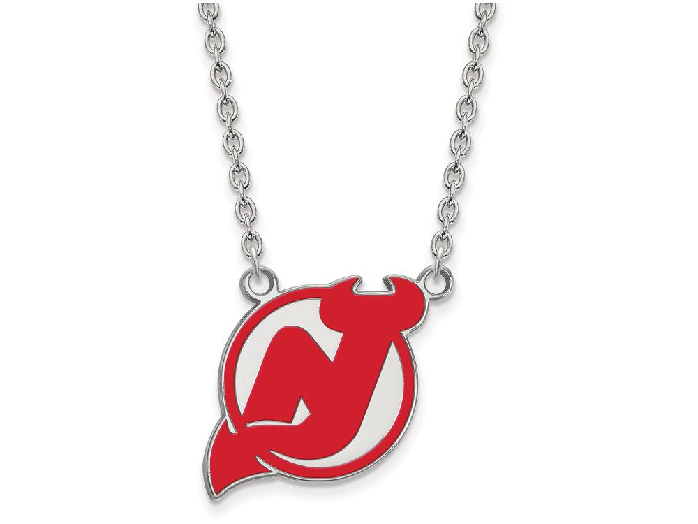 LogoArt Sterling Silver New Jersey Devils Large Enamel Pendant Necklace