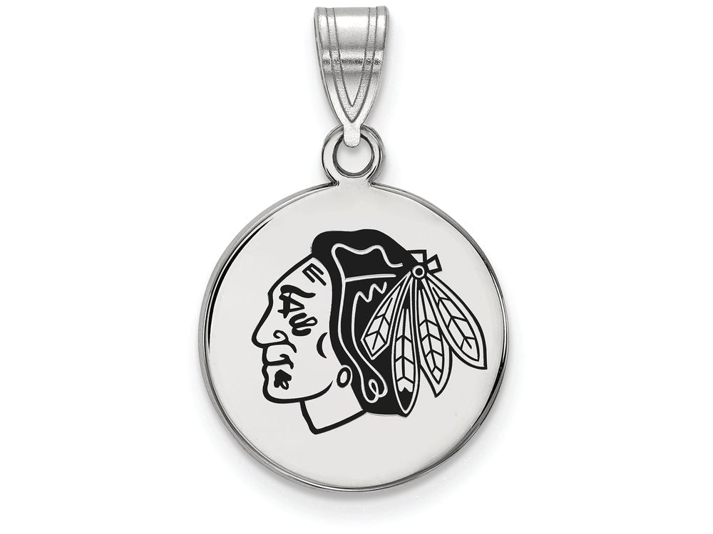 LogoArt Sterling Silver Chicago Blackhawks Medium Enamel Disc Pendant Necklace