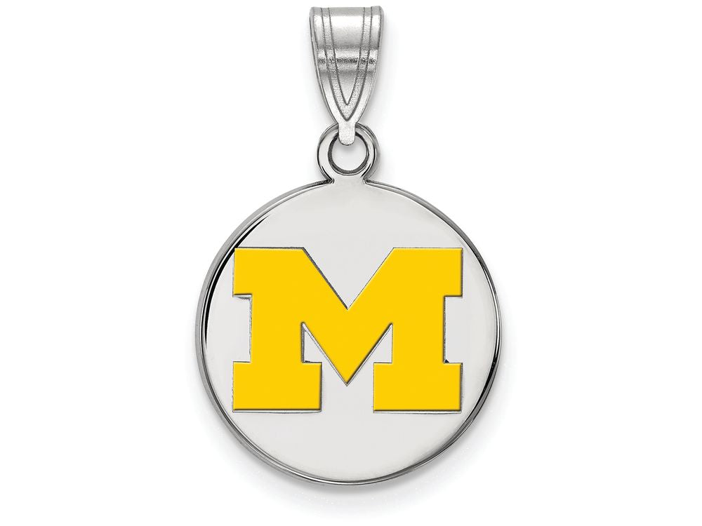 LogoArt Sterling Silver Michigan (univ Of) Medium Yellow Enamel Disc Pendant Necklace