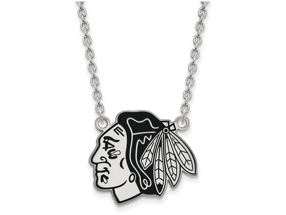 LogoArt Sterling Silver Chicago Blackhawks Large Enamel Pendant Necklace
