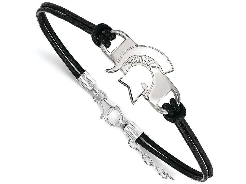 LogoArt Sterling Silver Michigan State University Leather Bracelet Small Center