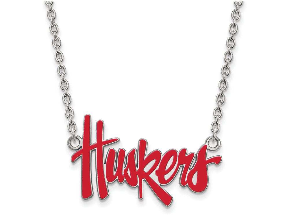 LogoArt Sterling Silver University Of Nebraska Large Enamel Pendant Necklace