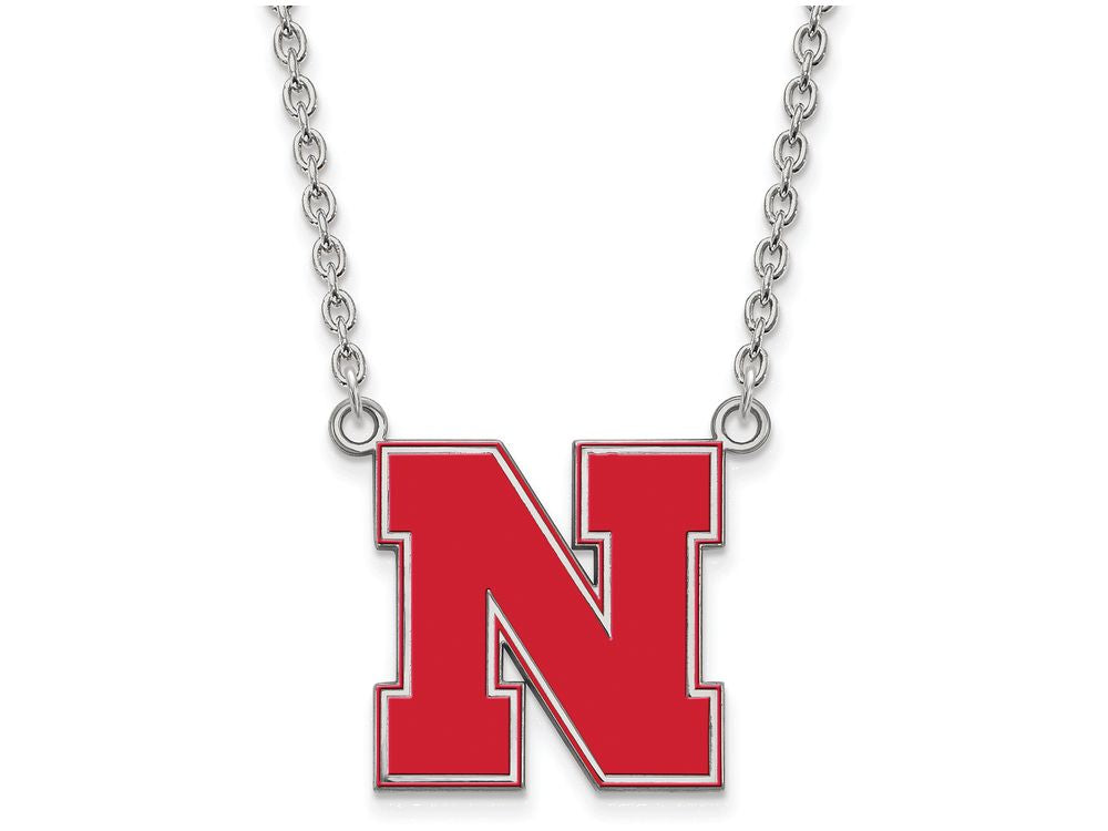 LogoArt Sterling Silver University Of Nebraska Large Enamel Pendant Necklace