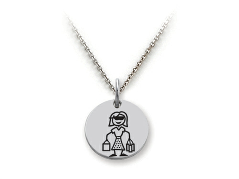 Family Values 925 Sterling Silver Shopping Mom Disc Pendant Necklace - Chain Included