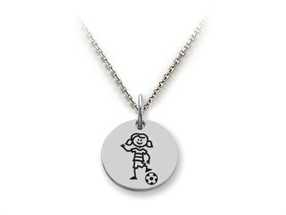 Family Values 925 Sterling Silver Soccer Girl Disc Pendant Necklace - Chain Included