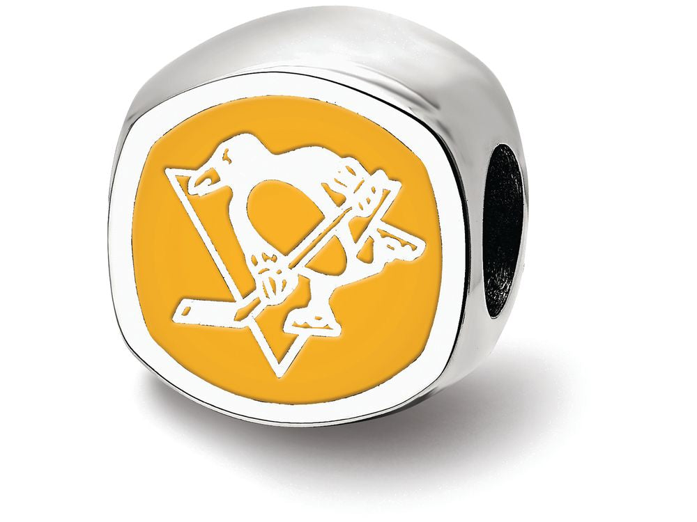 LogoArt Sterling Silver Pittsburgh Penguins Skating Penguin Cushion-Cut Double Logo Bead Charm
