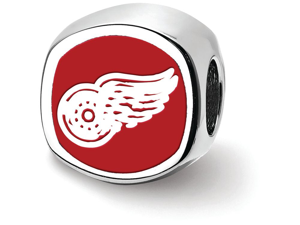 Logoart 925 Sterling Silver Detroit Red Wings Red Wing winged Wheel Cushion-Cut Double Logo Bead