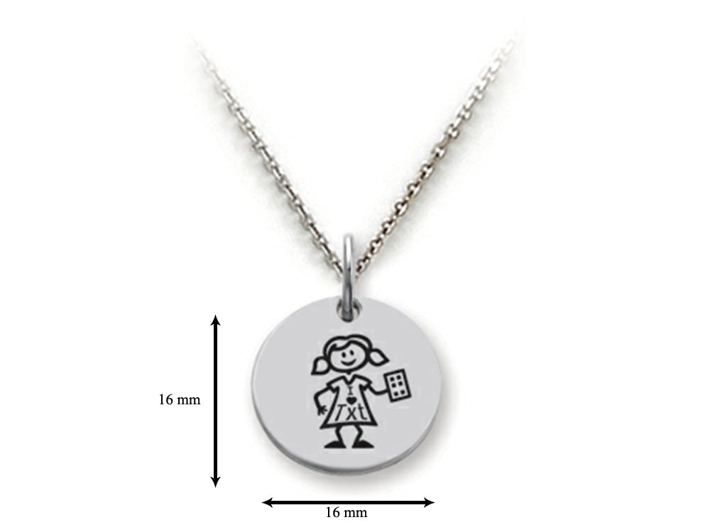 Family Values 925 Sterling Silver Texting Girl Disc Pendant Necklace - Chain Included