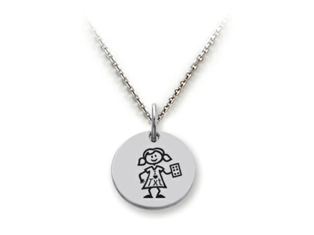 Family Values 925 Sterling Silver Texting Girl Disc Pendant Necklace - Chain Included