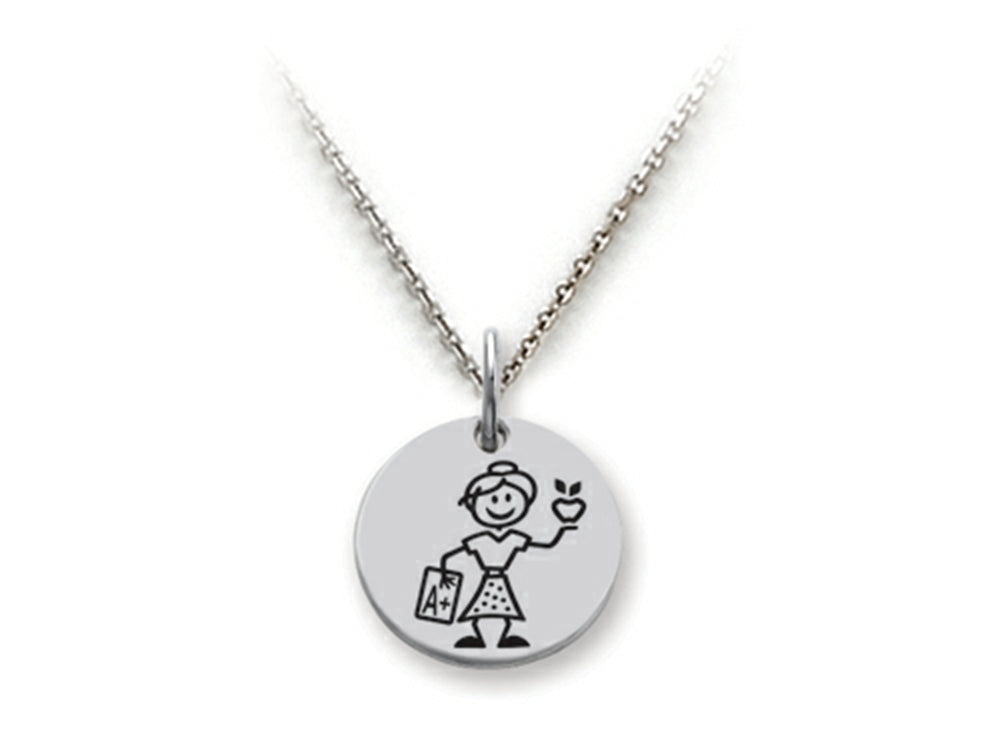 Family Values 925 Sterling Silver Teacher Disc Pendant Necklace - Chain Included