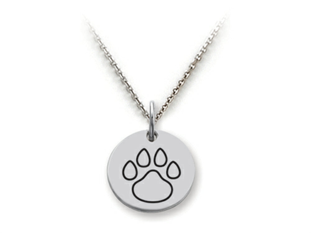 Stellar White 925 Sterling Silver Outline Paw Print Disc Pendant Necklace - Chain Included