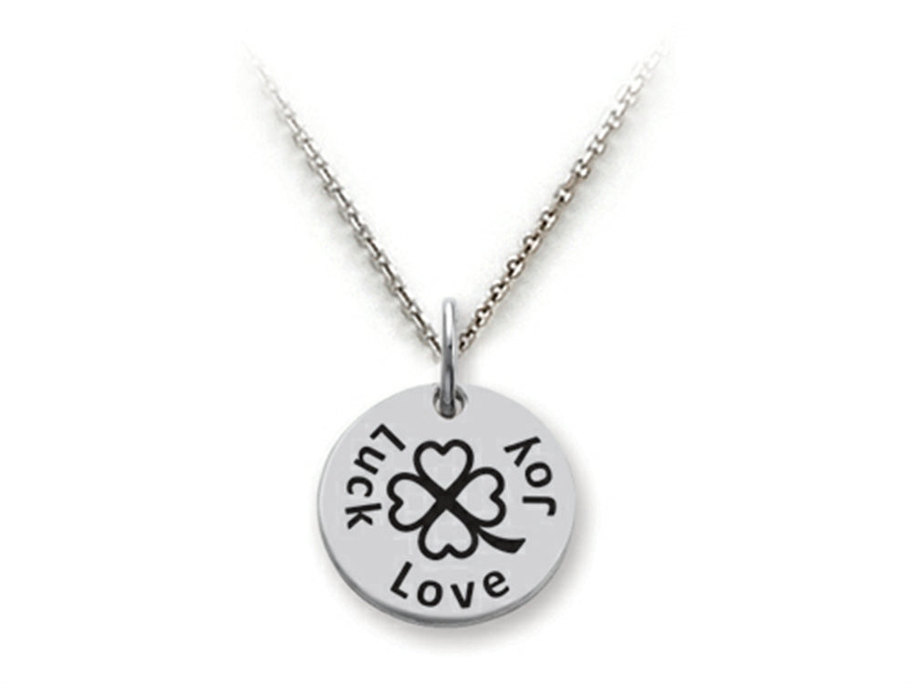 Stellar White 925 Sterling Silver Love, Joy, Luck Disc Pendant Necklace - Chain Included